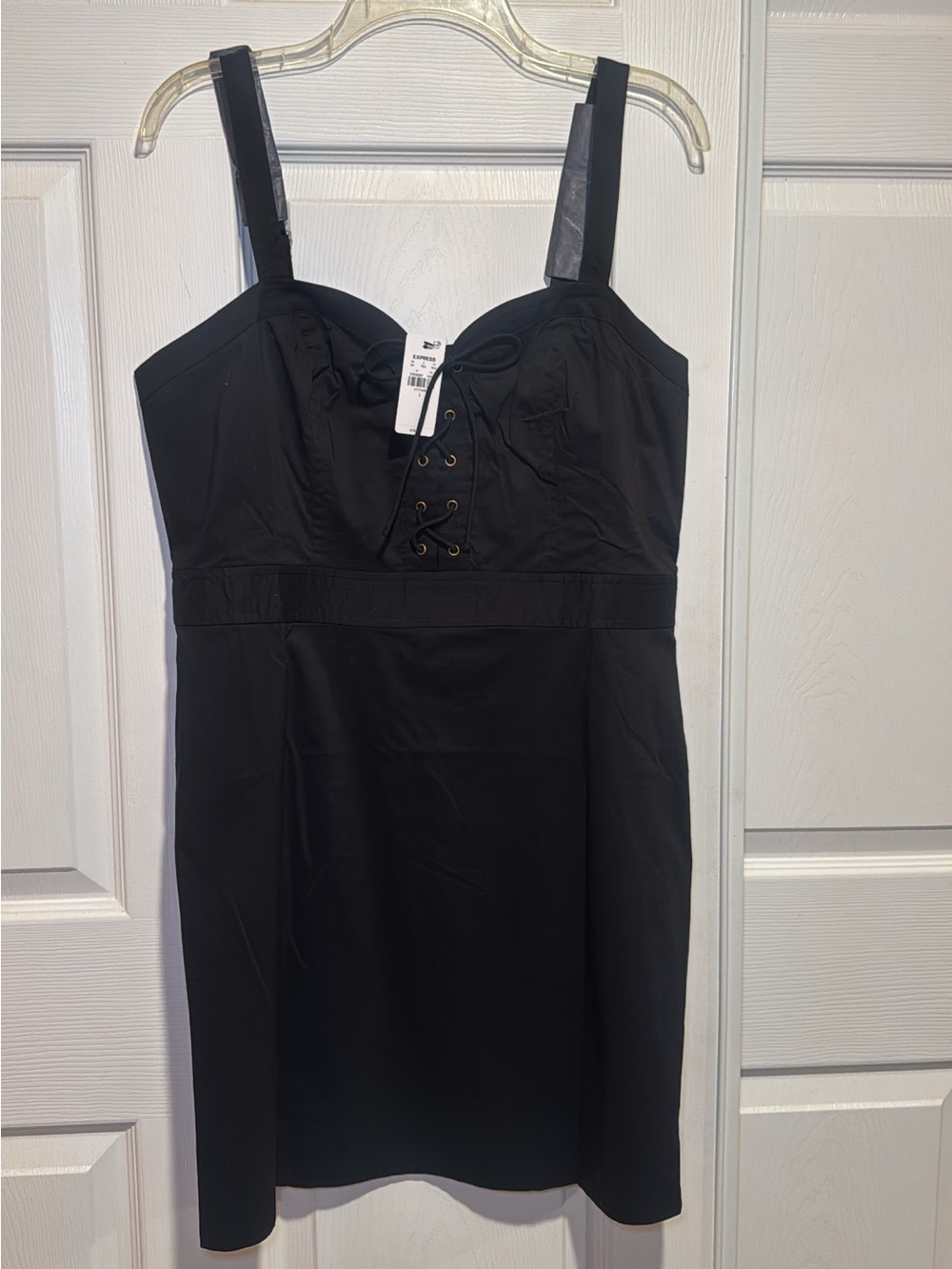Express black mini dress with lace up detail, size L